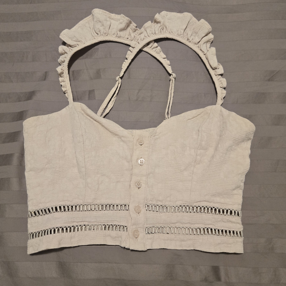 Fashion Nova Cream Cropped Button Tank With Ruffled Straps. Size S.